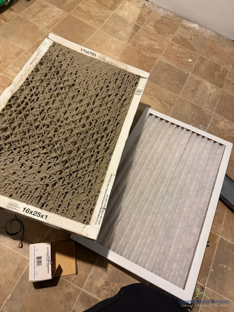 Dirty air duct filter replacement during air duct cleaning service Seattle