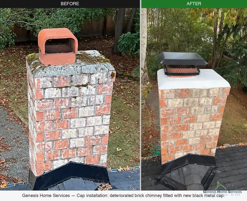 Before and after chimney cap replacement — old terracotta flue to new black stainless cap