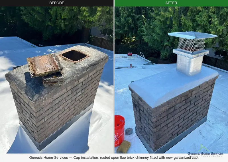 Before and after chimney cap replacement — rusted cap on brick replaced with new galvanized cap