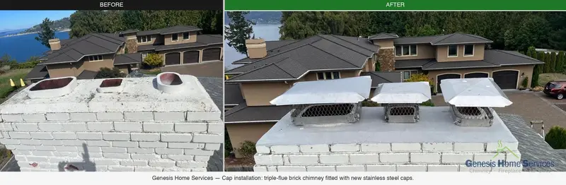 Triple flue chimney cap installation before and after Seattle