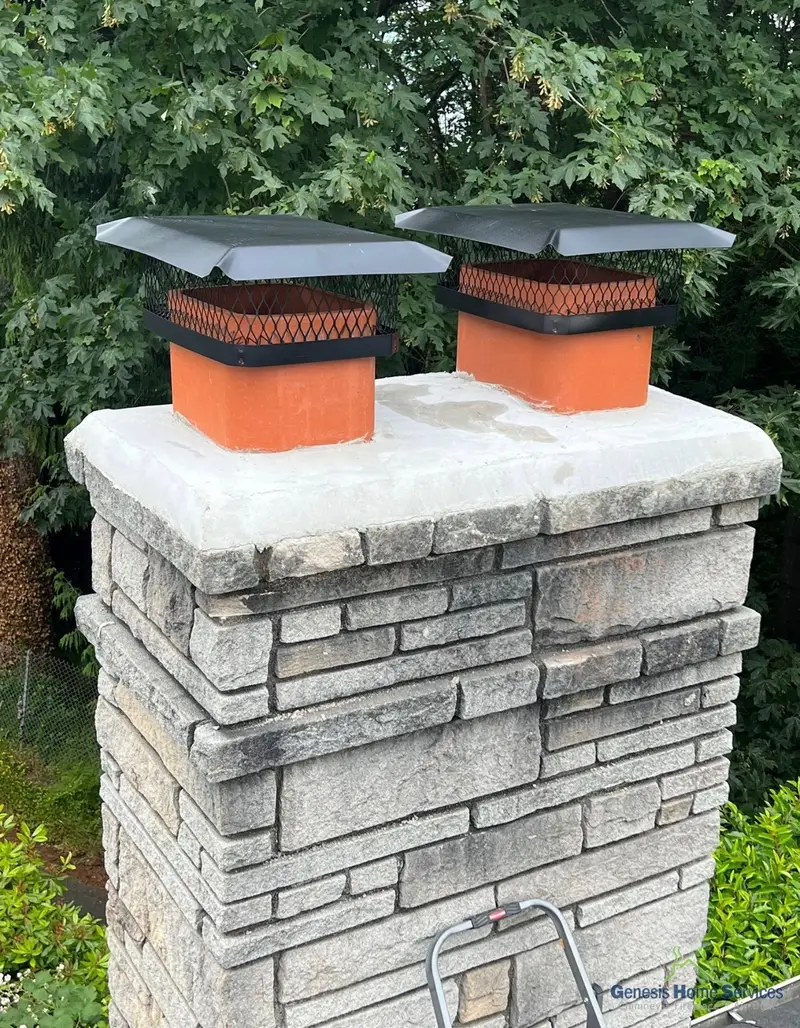 Dual flue chimney cap installation on stone veneer chimney Seattle