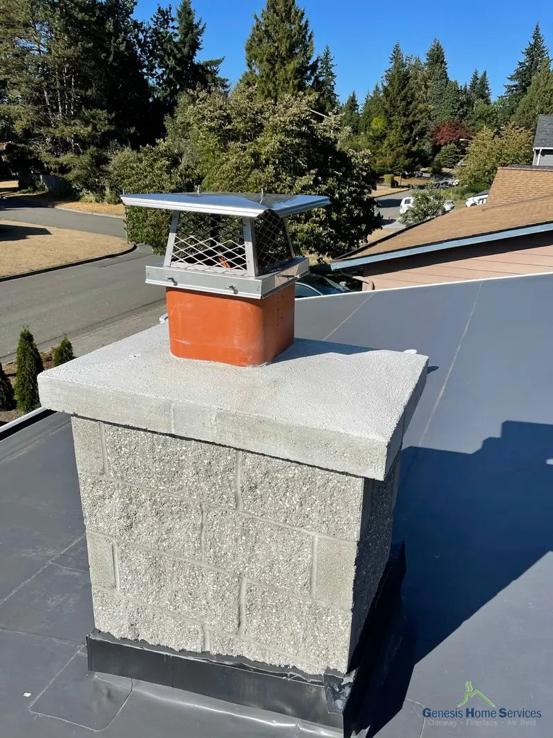 Metal chimney cap installation on flat roof Seattle