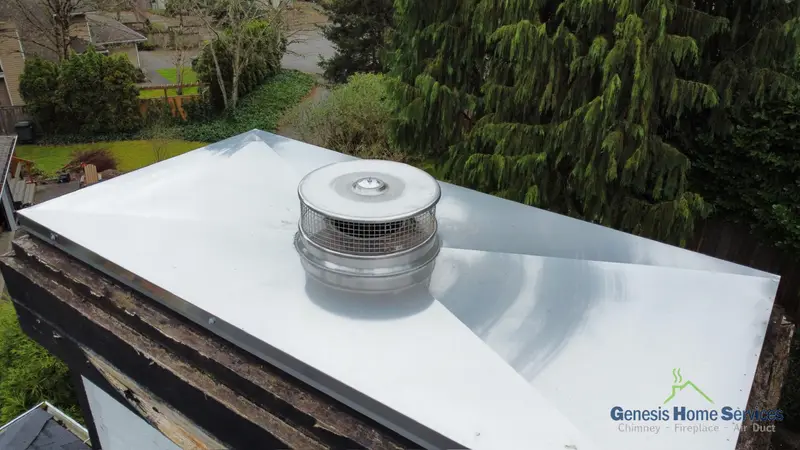 Stainless round chimney cap installation on flat roof Seattle