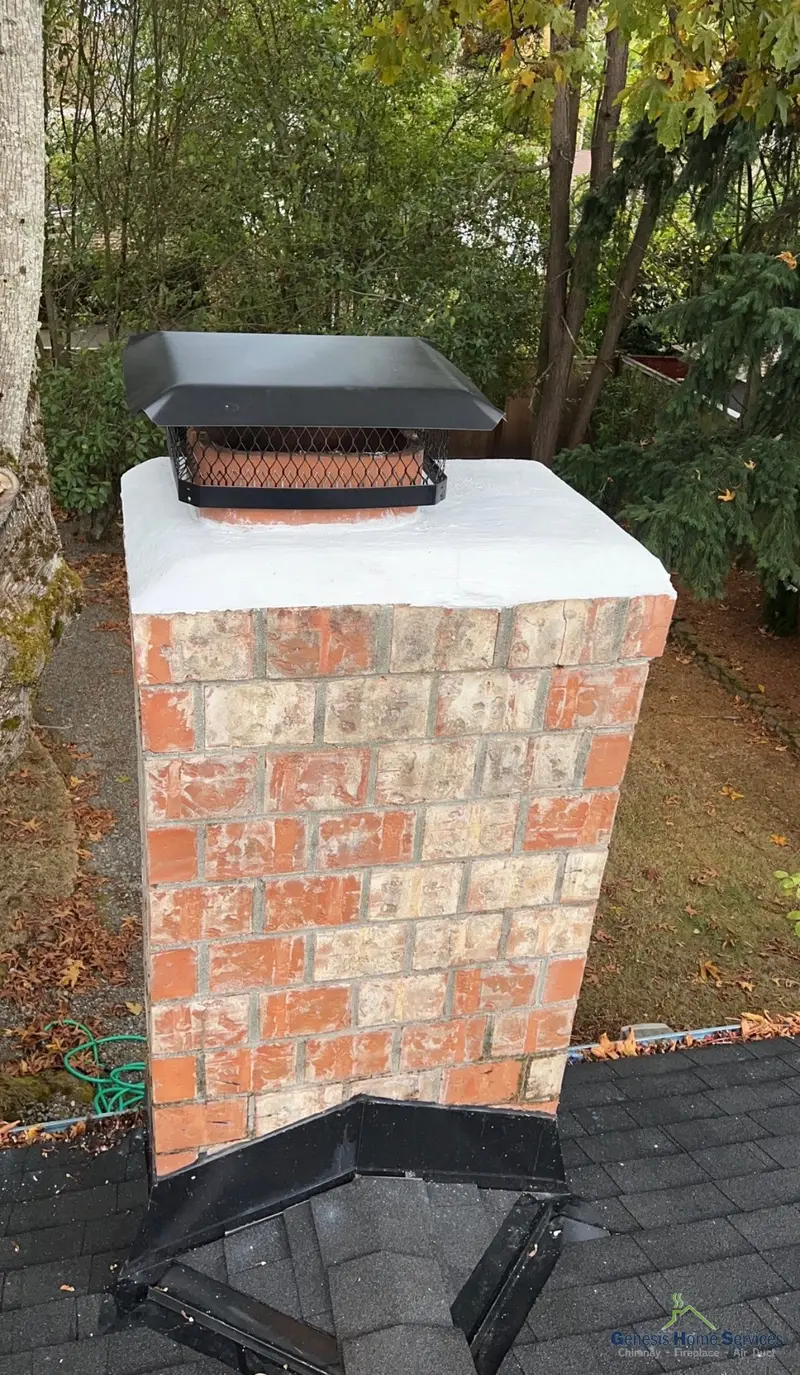 New black stainless chimney cap on white crown after installation