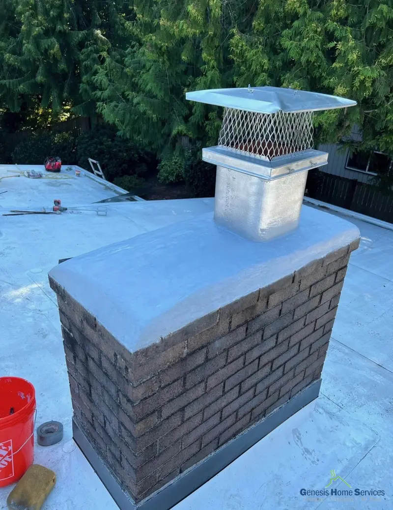 New galvanized chimney cap on flat roof after installation Seattle