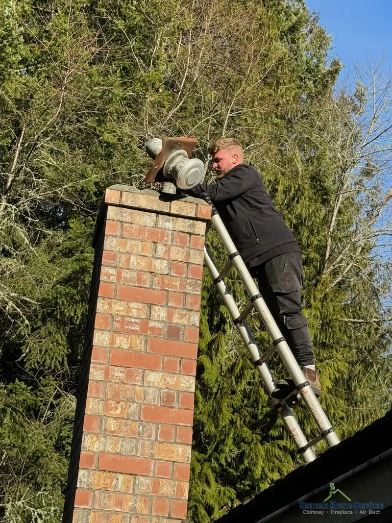 Genesis technician on ladder installing chimney cap on brick chimney
