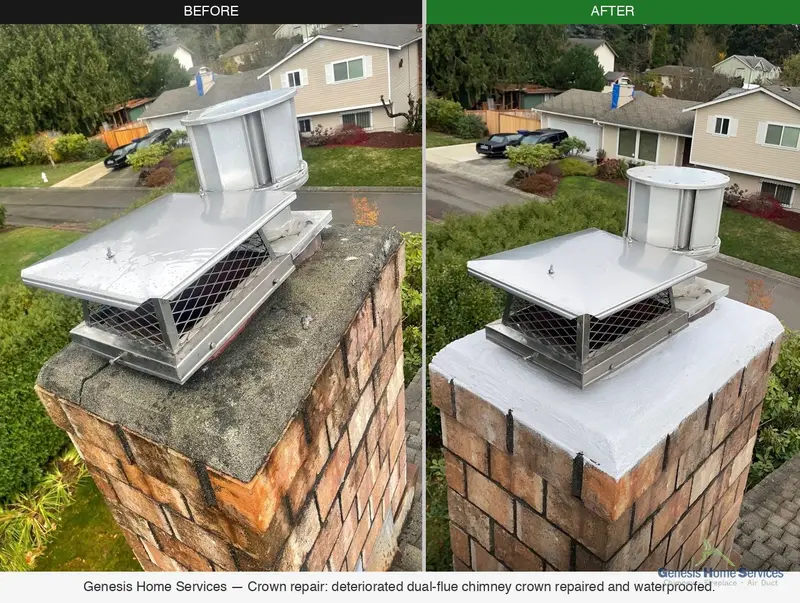 Chimney crown repair before and after — dual flue deteriorated crown sealed Seattle