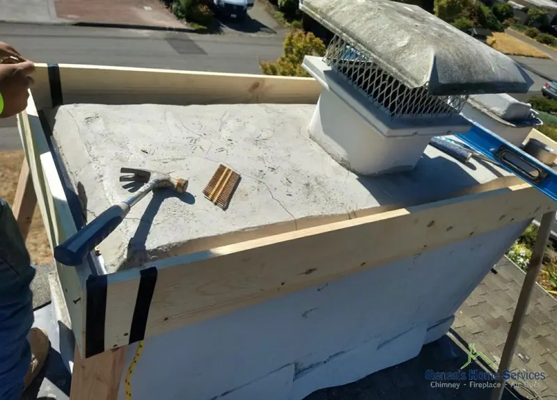 Cracked chimney crown concrete before repair — Seattle inspection