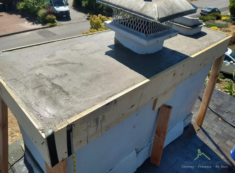 New concrete chimney crown poured in wood form after repair Seattle