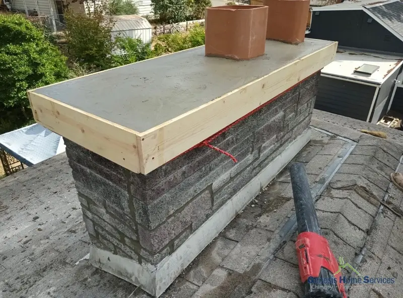 New chimney crown concrete wood form on brick chimney Seattle