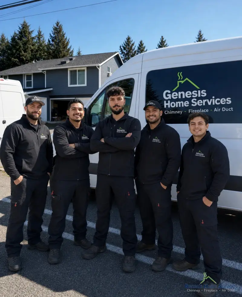 Genesis Home Services certified chimney team with service van — Seattle