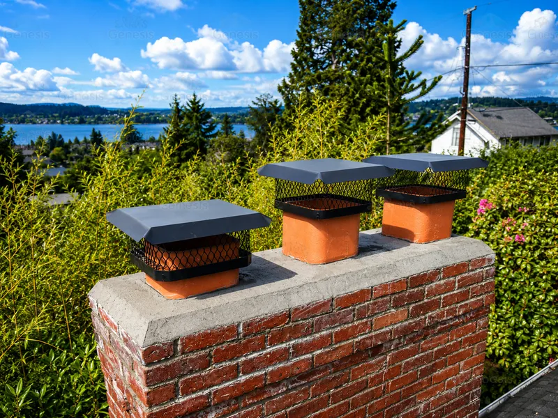 Three chimney caps installed on a brick chimney in Seattle