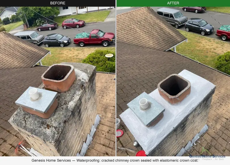 Chimney waterproofing before and after — cracked crown sealed with elastomeric coat Seattle