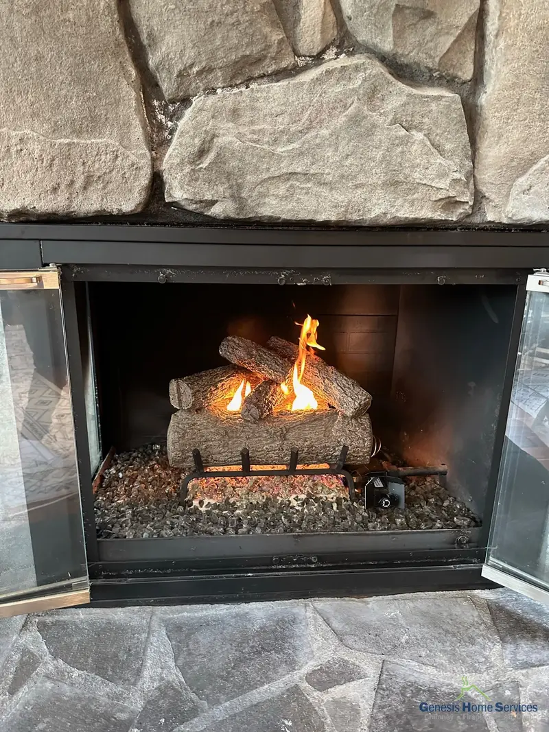 Gas log set installed in stone surround fireplace Seattle