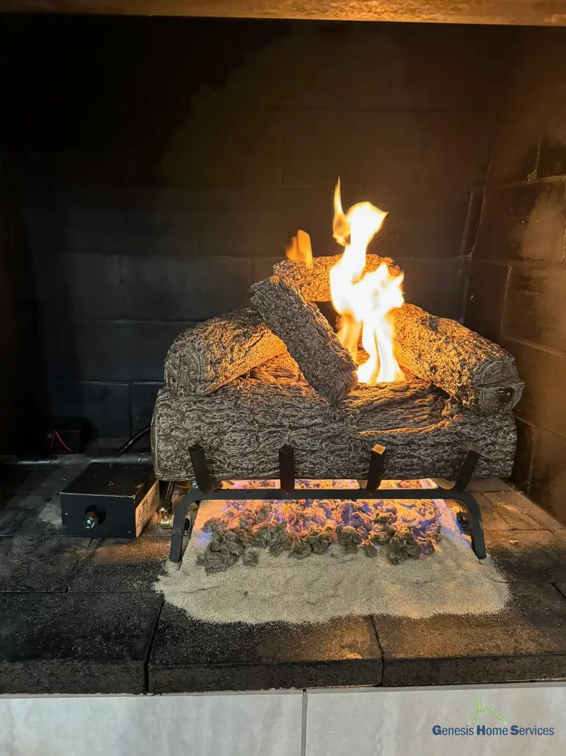 Gas logs installed in dark brick firebox burning Seattle