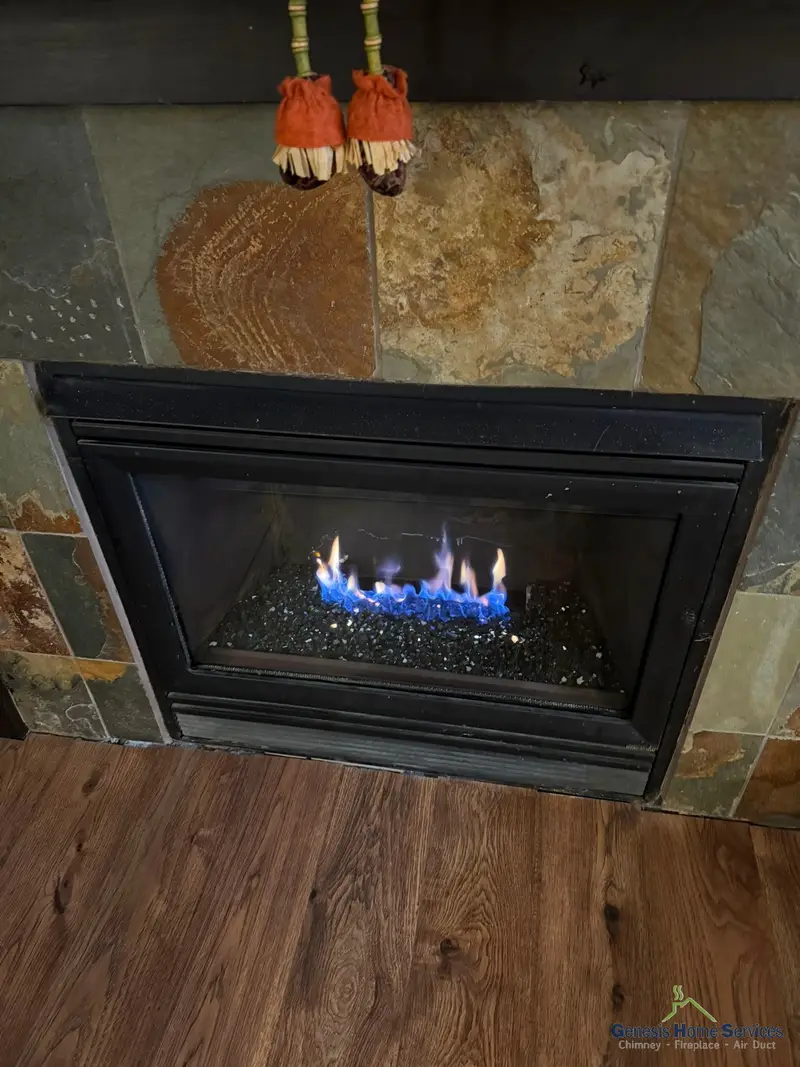 Gas fireplace slate stone surround glass media flame — Kirkland