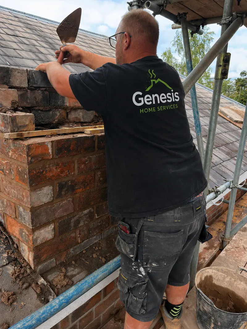 Genesis technician rebuilding chimney laying brick Seattle