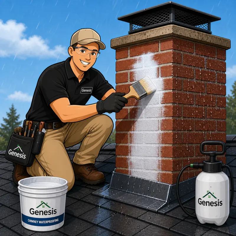 Genesis Home Services chimney waterproofing technician illustration