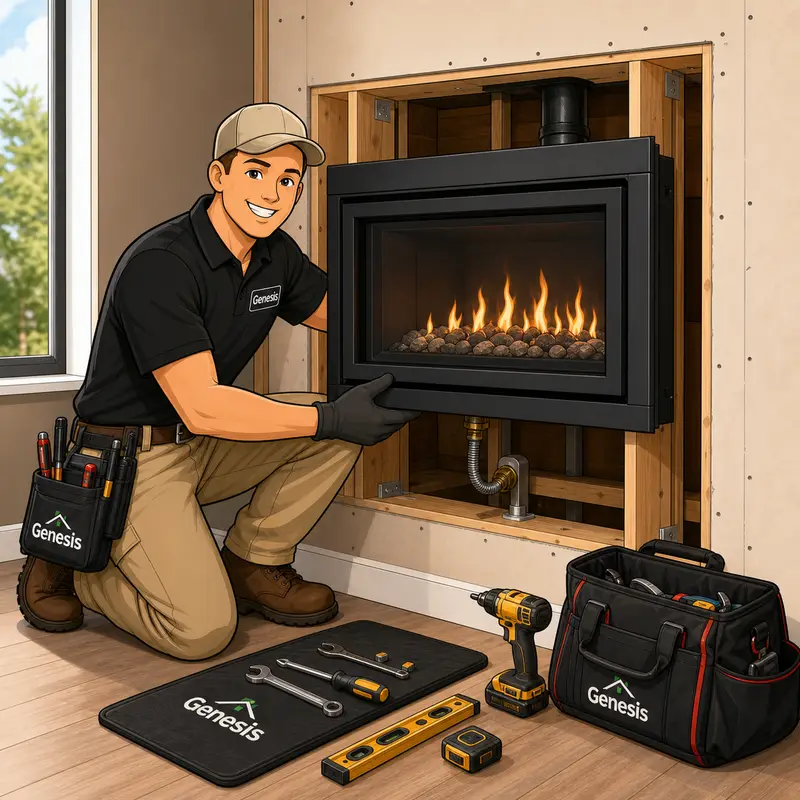 Genesis Home Services gas fireplace installation technician illustration