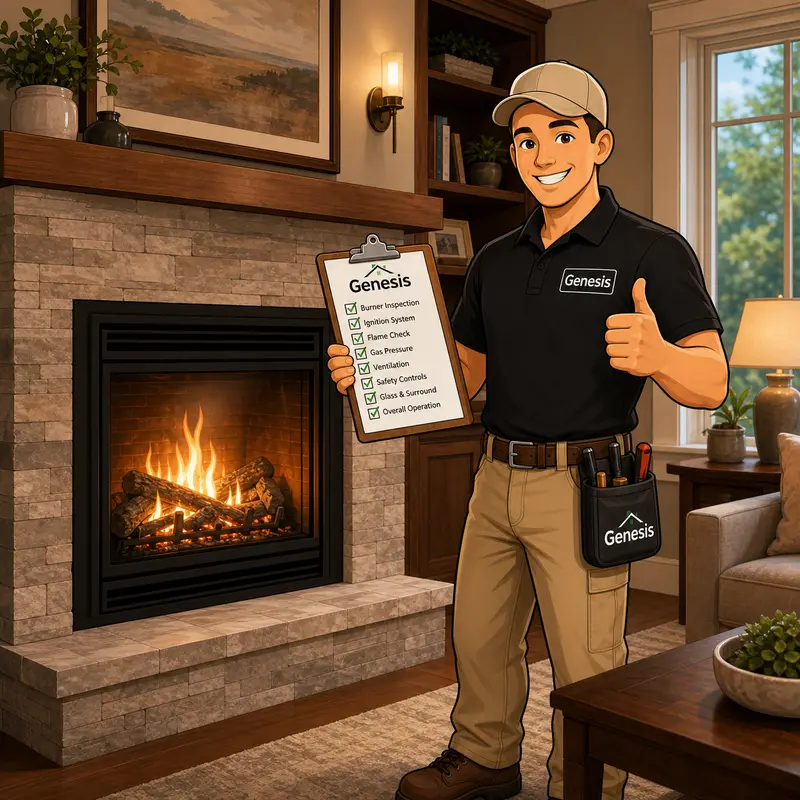 Genesis Home Services gas fireplace tune-up technician illustration