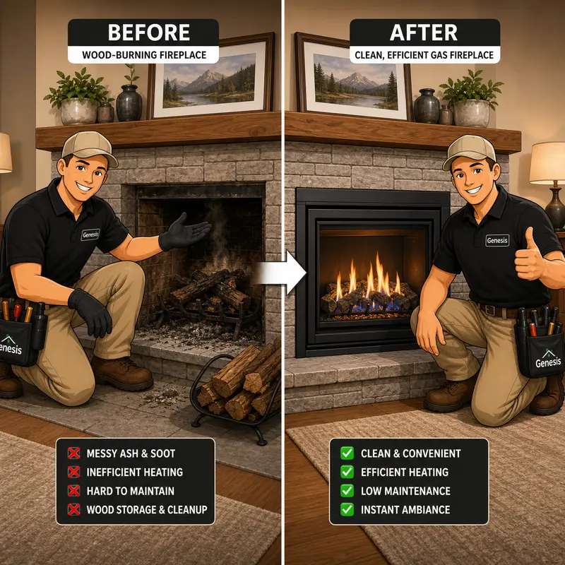 Genesis Home Services wood to gas fireplace conversion technician illustration
