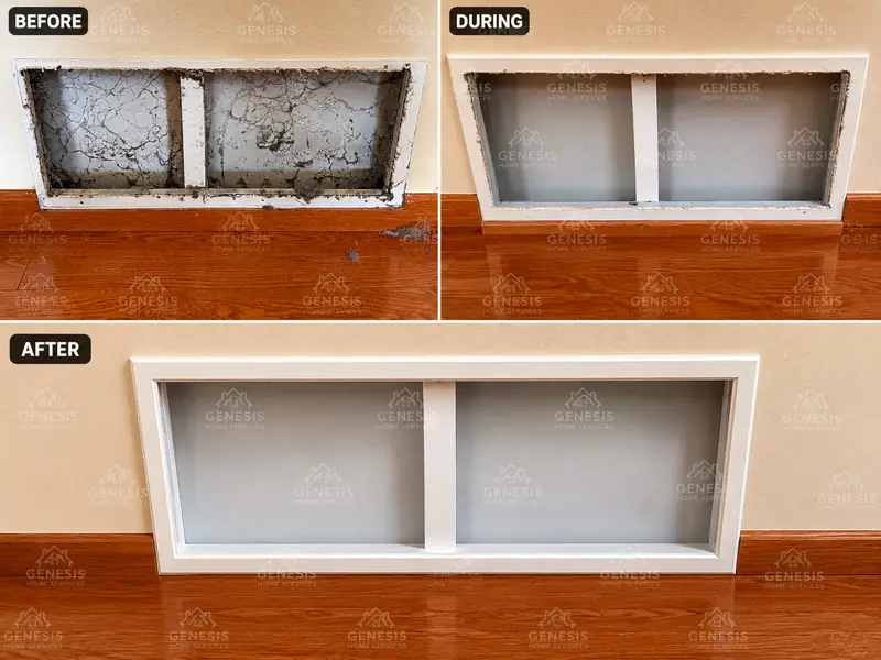 Air duct before, during, and after cleaning — Genesis Home Services Seattle