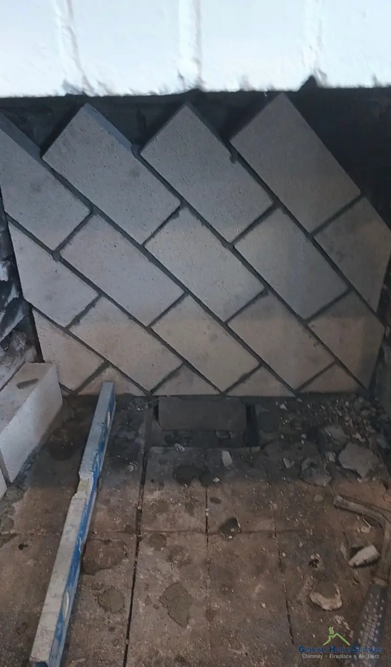 Wood burning fireplace herringbone firebrick interior Seattle