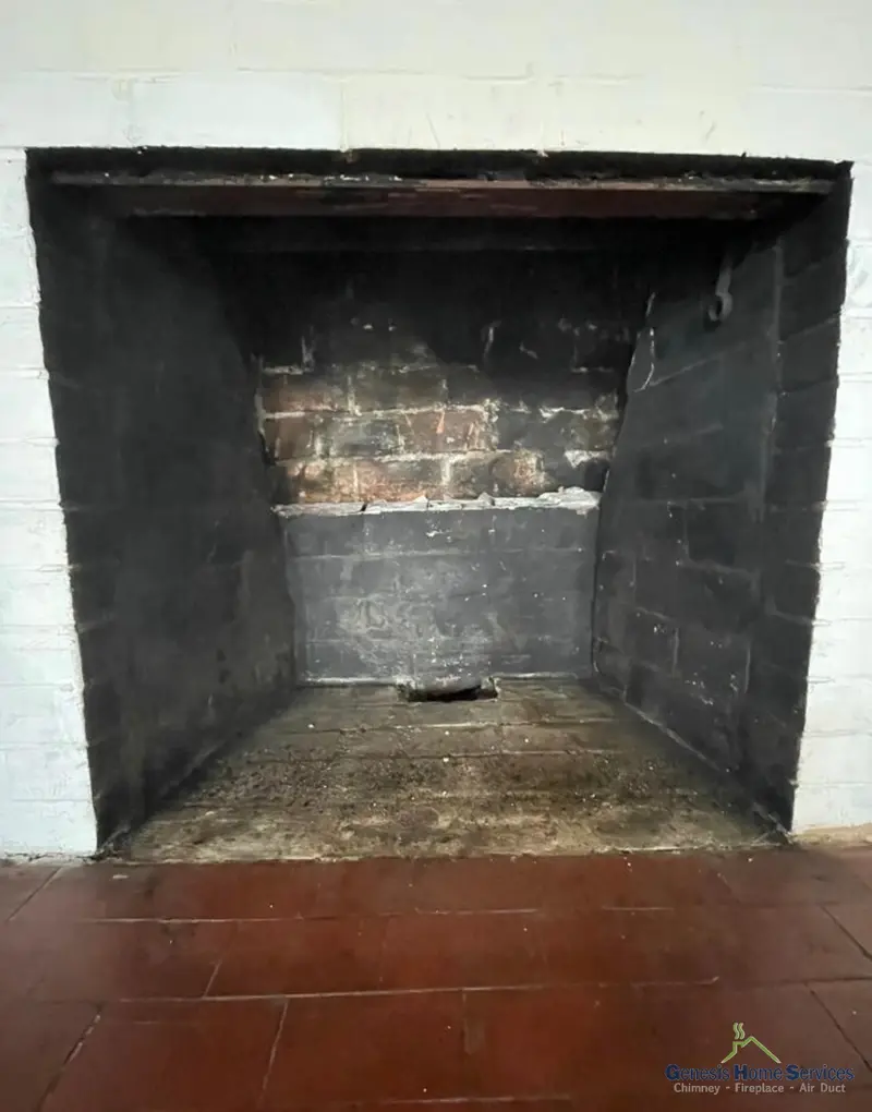 Wood burning fireplace sooty interior brick before cleaning Seattle