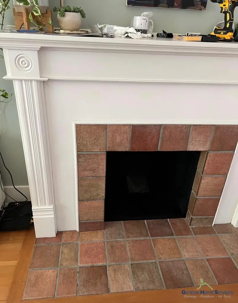 Wood burning fireplace tile surround white mantel Seattle